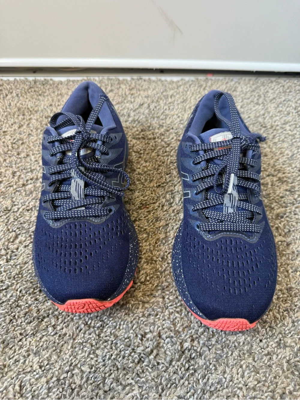 Asics size 6.5 Navy Running Shoes with Coral Accents